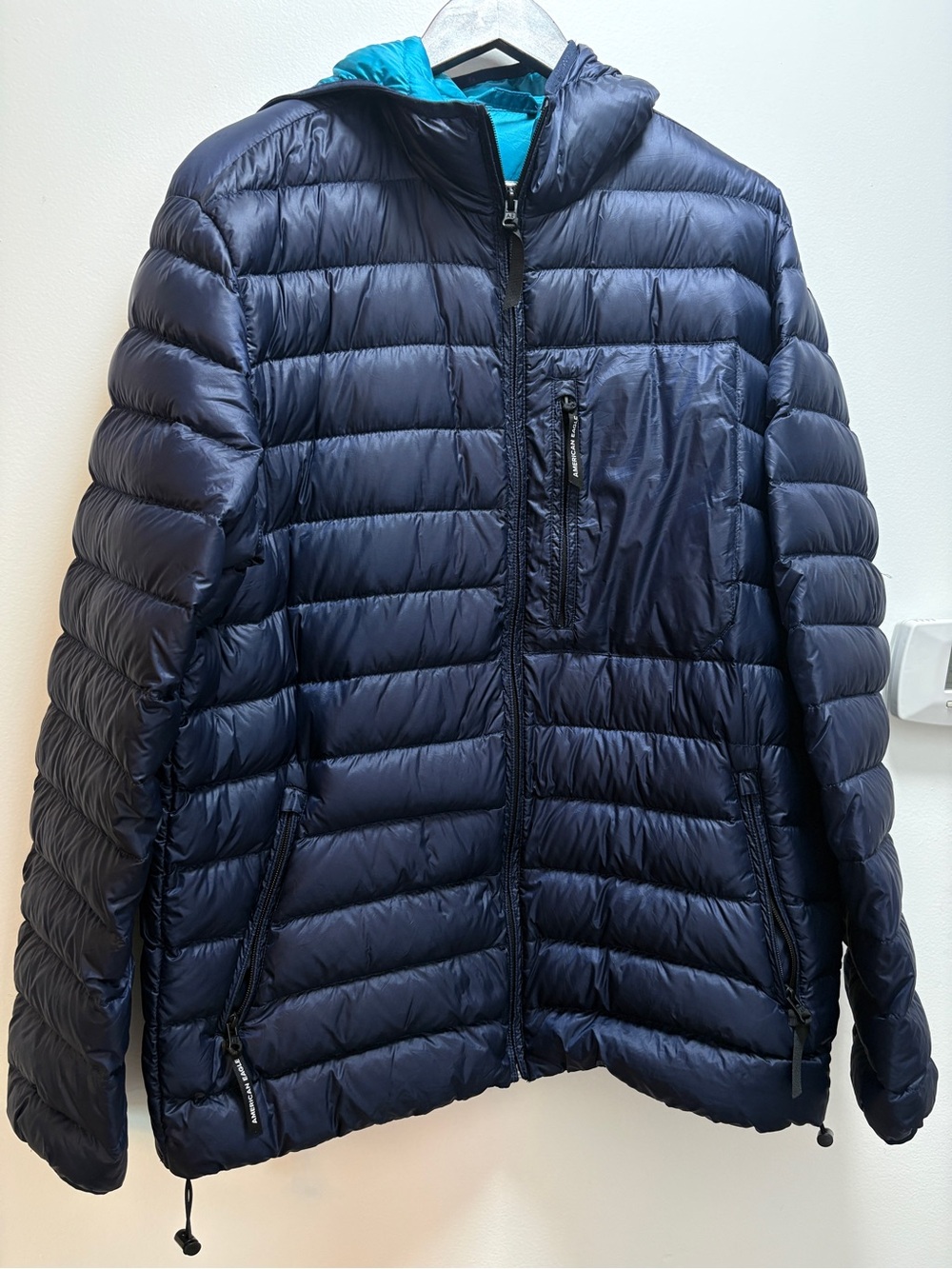 American Eagle Outfitters Men's Navy Hooded Packable Lined Puffer Cabincore